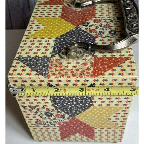1970s Wooden Trinket Case Box Patchwork Design 7" x 5.5" x 5" with handle - Picture 16 of 16